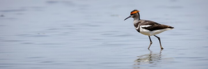 Obraz premium Bird with distinctive red crown and black neck stripes wading through shallow water, bird species, unique bird