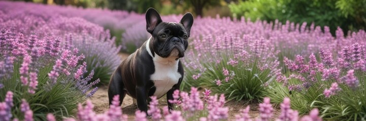Fototapeta premium Black and white French bulldog wading through a sea of pink lavender in a rustic garden, beauty, peaceful scene, serene
