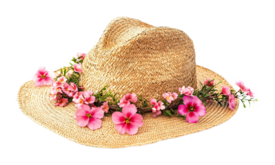 Girls� summer straw floppy hat with flowers isolated against a white background