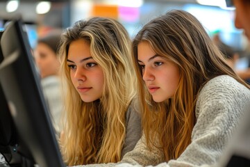 Obraz premium Two young women focused on computer screens while studying in a busy learning environment