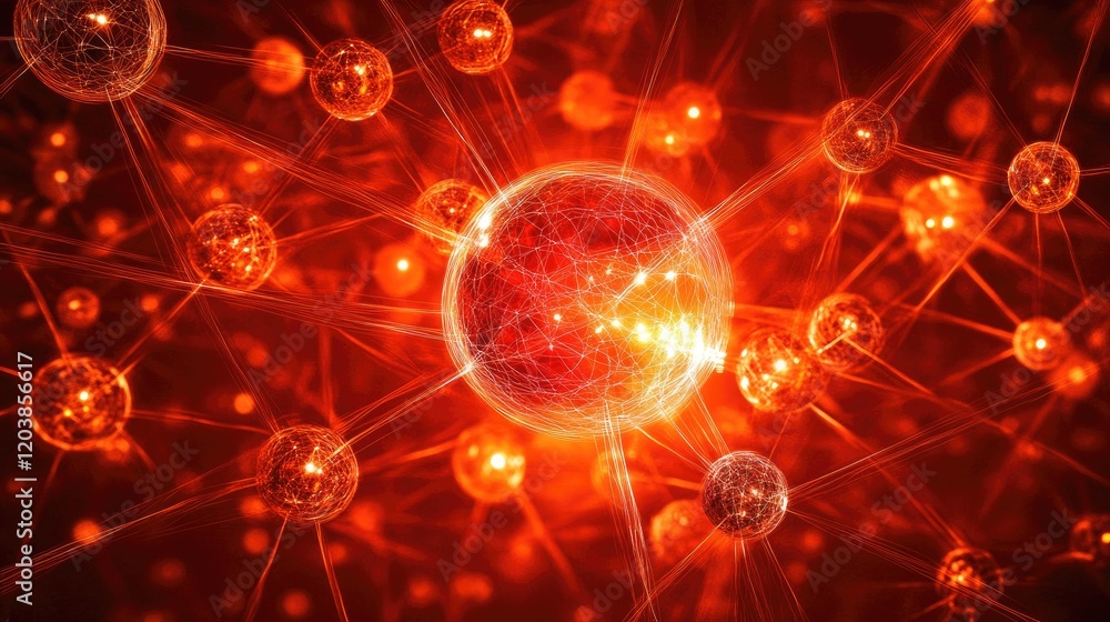 Poster abstract spheres representing data nodes, forming an atom-like structure in a glowing 3d neural netw