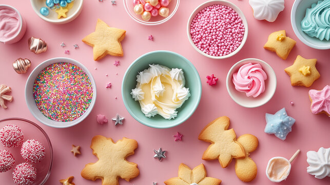 A cookie decorating station with bowls of frosting, sprinkles, and shaped sugar cookies ready for customization