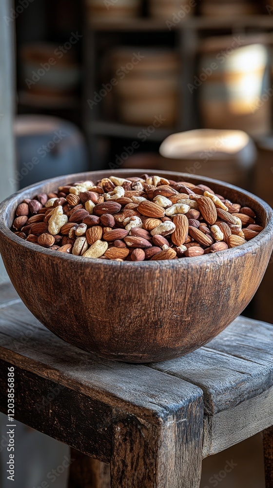 Poster bowl filled with assorted nuts on a rustic wooden table in a cozy setting