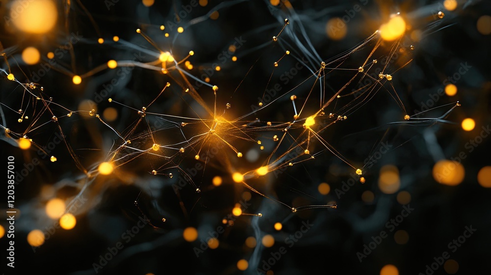 Poster an abstract representation of a digital network with interconnected glowing dots on a dark futuristi