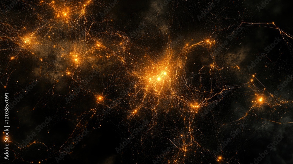 Poster an abstract representation of a digital network with interconnected glowing dots on a dark futuristi