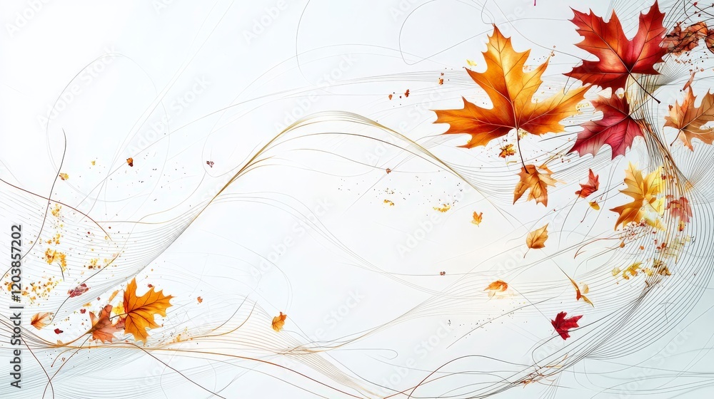 Aufkleber swirling thin lines and autumn leaves minimalist design digital art soft background abstract concept