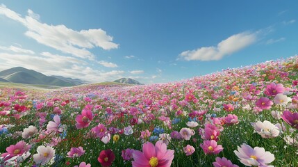 Vibrant Cosmos Flowers Bloom Across Rolling Green Hills