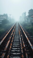 Fototapeta premium Foggy railway track leading into the distance with a muted cityscape backdrop