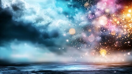 Fototapeta premium Floating light particles in a minimalist sky over water digital art serene environment dreamy viewpoint ambience