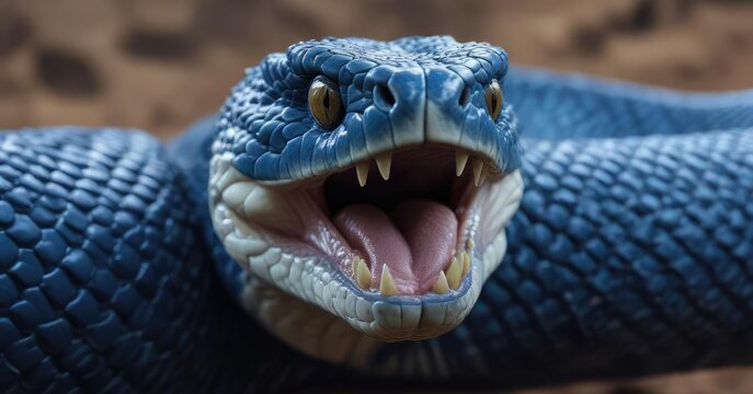 Blue viper snake showing its sharp teeth in closeup, teeth, viper