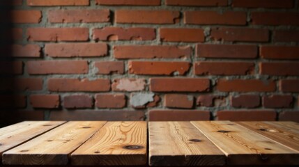 Rustic Wooden Tabletop Against a Blurred Brick Wall Background, Perfect for Product Displays and Creative Compositions