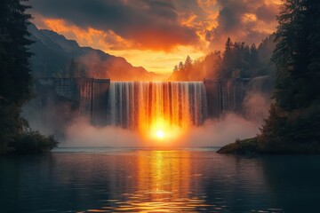 a colossal concrete dam at golden hour cascading water creates misty rainbows while sunbeams pierce through dramatic mountain backdrop with warm orange sky