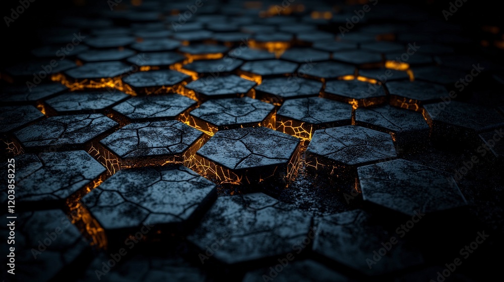 Poster Illuminated hexagons create a stunning visual display in a dark environment abstract digital art