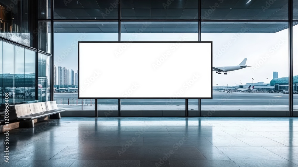 Poster empty billboard mockup in modern airport terminal with view of runway and airplane in background, id