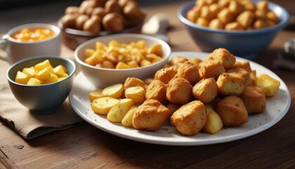 Obraz premium breakfast plate with nuggets and potatoes in a bowl , breakfast dish, bowl, comfort food