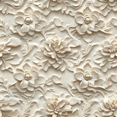 Floral lace - inspired 3D motifs with intricate detailing in soft champagne tones . Seamless abstract 3d pattern background