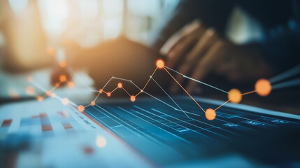 Abstract business Financial charts show a significant increase in profits in the stock market.This is driven by higher interest rates and continued growth. In the innovation world network of financial