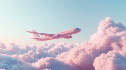 Airplane soaring above pink clouds at sunrise, travel
