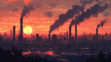 Obraz premium Smokestacks at sunset with a red sky creating a dramatic industrial scene with dark clouds