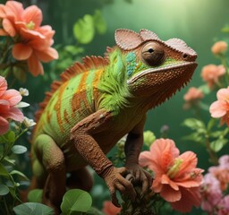 Obraz premium Brown and green chameleon blending in with flowers , wildlife, bloom, foliage