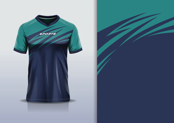 T-shirt mockup abstract curve line sport jersey design for football, soccer, racing, esports, running, in  green blue navy color