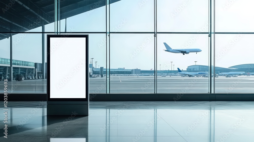 Poster empty digital billboard mockup at airport with airplanes and modern architecture in background, perf