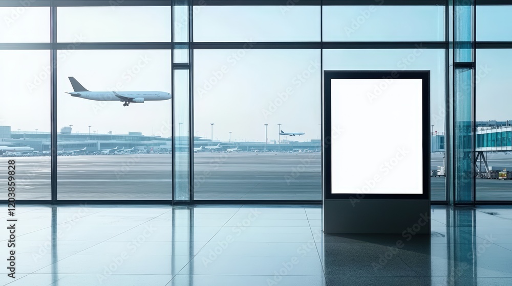 Poster empty digital billboard mockup set in a modern airport terminal with airplanes in background and nat