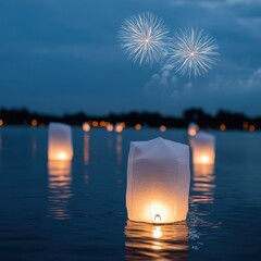 Floating Lanterns on Calm Water with Fireworks in the Night Sky