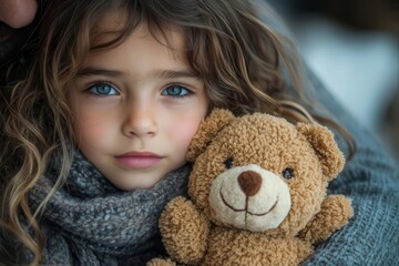 a concerned child clutches a teddy bear while being comforted by a parent set against a blurred family background illustrating themes of emotional support and family love