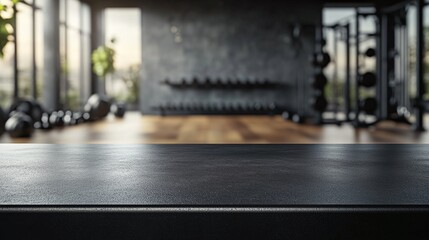Black countertop sleek gym interior background perfect for displaying sports nutrition products Empty tabletop in modern fitness room with weights and equipment for product presentation