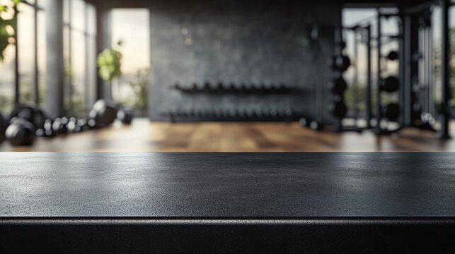 Black countertop sleek gym interior background perfect for displaying sports nutrition products Empty tabletop in modern fitness room with weights and equipment for product presentation