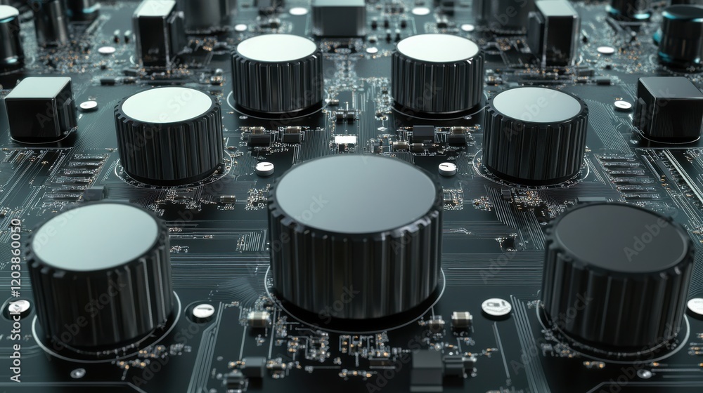 Poster close-up view of electronic circuit board with knobs and components, showcasing intricate details