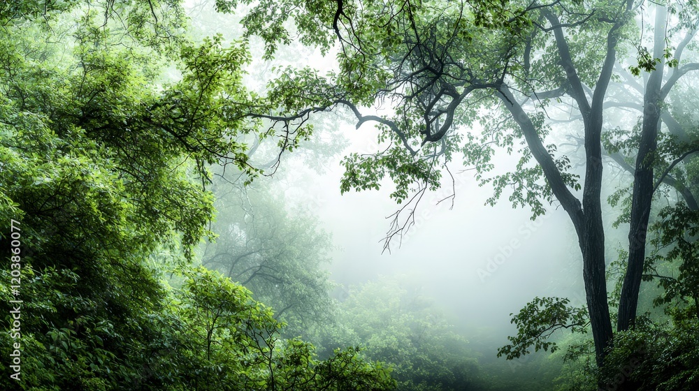 Poster serene forest canopy overview lush green environment abstract nature art tranquil scene atmospheric 
