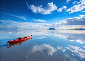 Fototapeta premium Minimalist Kayaking: Utah Salt Flats Adventure - Crystal Clear Waters & Blue Sky