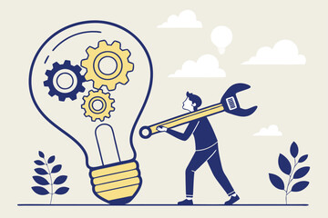 business idea, lightbulb with gear inside, businessman holding wrench, problem-solving concept, innovation, creativity, blue and yellow color scheme, minimalist illustration, flat design, cl
