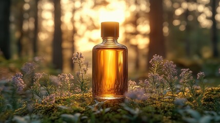 Golden sunlight filters through tall trees, casting a warm glow on a glass bottle nestled among delicate flowers and soft moss in a peaceful forest