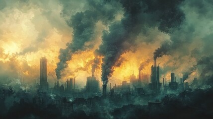 Obraz premium Industrial cityscape with heavy smog and dark smoke billowing from numerous factory chimneys