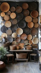 Beautifully arranged woven baskets on display in a cozy interior setting
