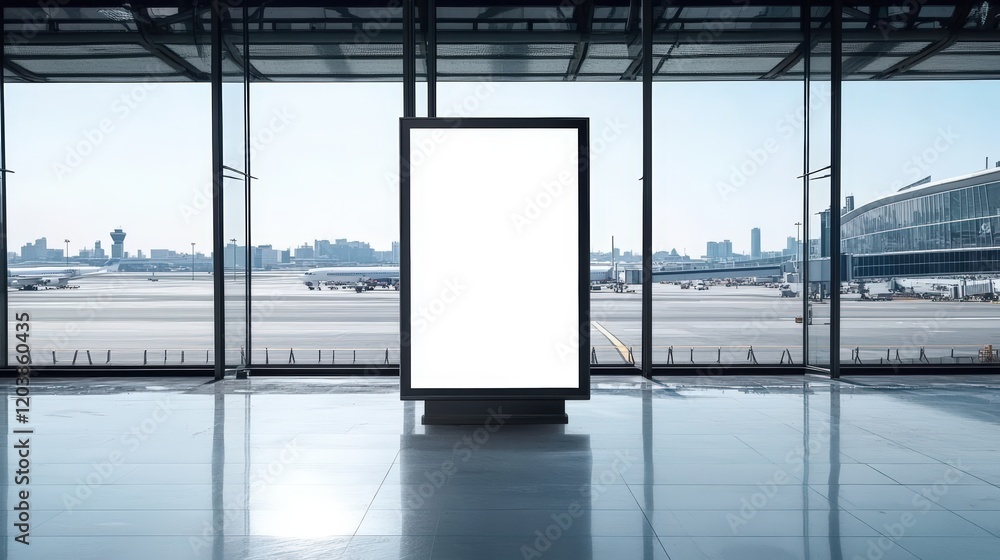 Poster an empty digital billboard mockup at an airport terminal with sunny day background and clear sky ove