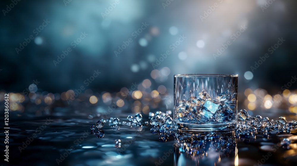 Poster refined glass with ice cubes artistic reflection indoor setting captivating atmosphere close-up visu