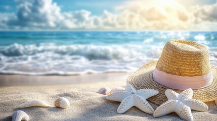 Coastal summer relaxation with straw hat and seashells on sandy beach at sunset