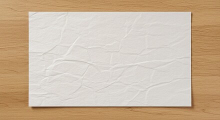 empty blank white grunge paper sheet placed on light oak wooden table counter, top view. sheet of blank note paper with blank space for design.