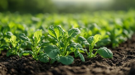 Young Spinach Plants Sprouting in the Field on a Sunny Day Displaying The Vibrant Green Color and Their Growing Process