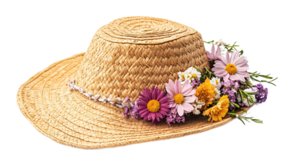 Girls� summer straw floppy hat with flowers isolated against a white background