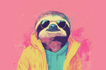 Fototapeta premium A quirky illustration of a sloth looking cool, sporting sunglasses and a yellow jacket, set against a pink background.