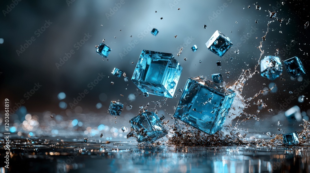 Poster abstract cubes breaking apart dynamic splash digital art studio setting close-up view visual concept