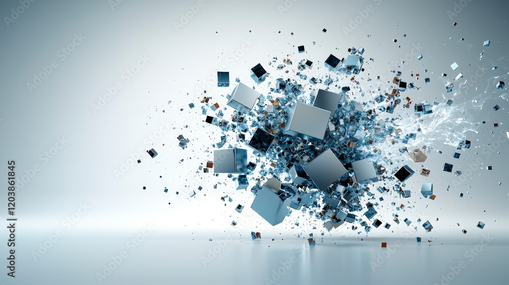 Fototapete explosive event abstract cubes breaking apart in a digital space 3d rendered environment futuristic 