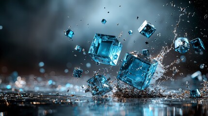 Abstract cubes breaking apart dynamic splash digital art studio setting close-up view visual concept