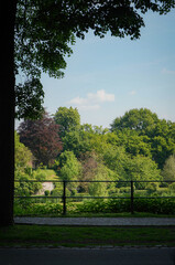 Bright green park on the other side or a metal fence railing in the foreground and beautiful blue summer sky in the background, M&uuml;nster, Germany
