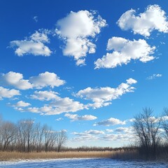 Winter landscape with blue sky, fluffy clouds, and bare trees.